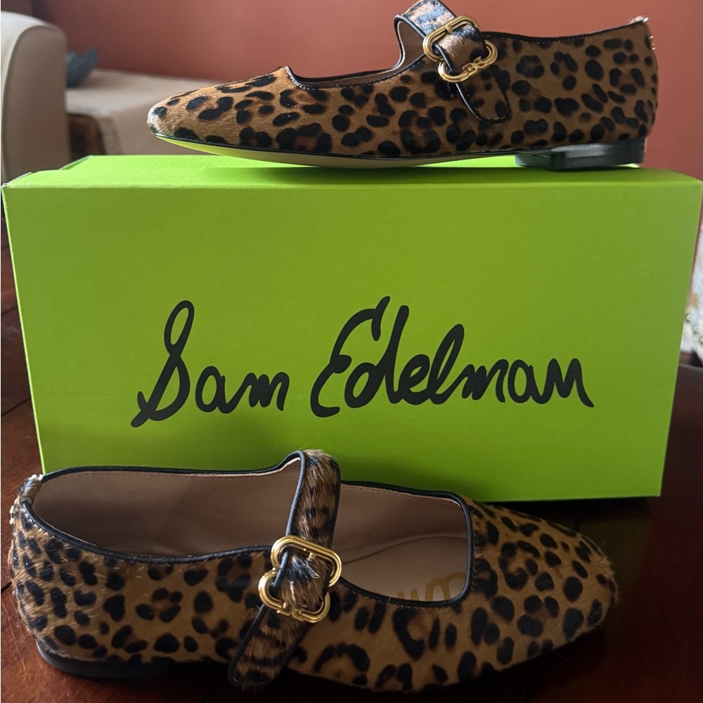 Sam Edelman Leopard Print Mary Jane Flats in Brown and Black with Gold Buckle - Picture 1 of 5
